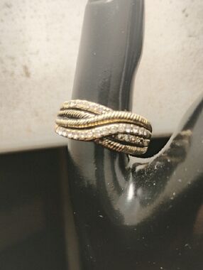 Gold Tone Cable Rope And Crystal CZ Cocktail Ring Statement Piece Size 9